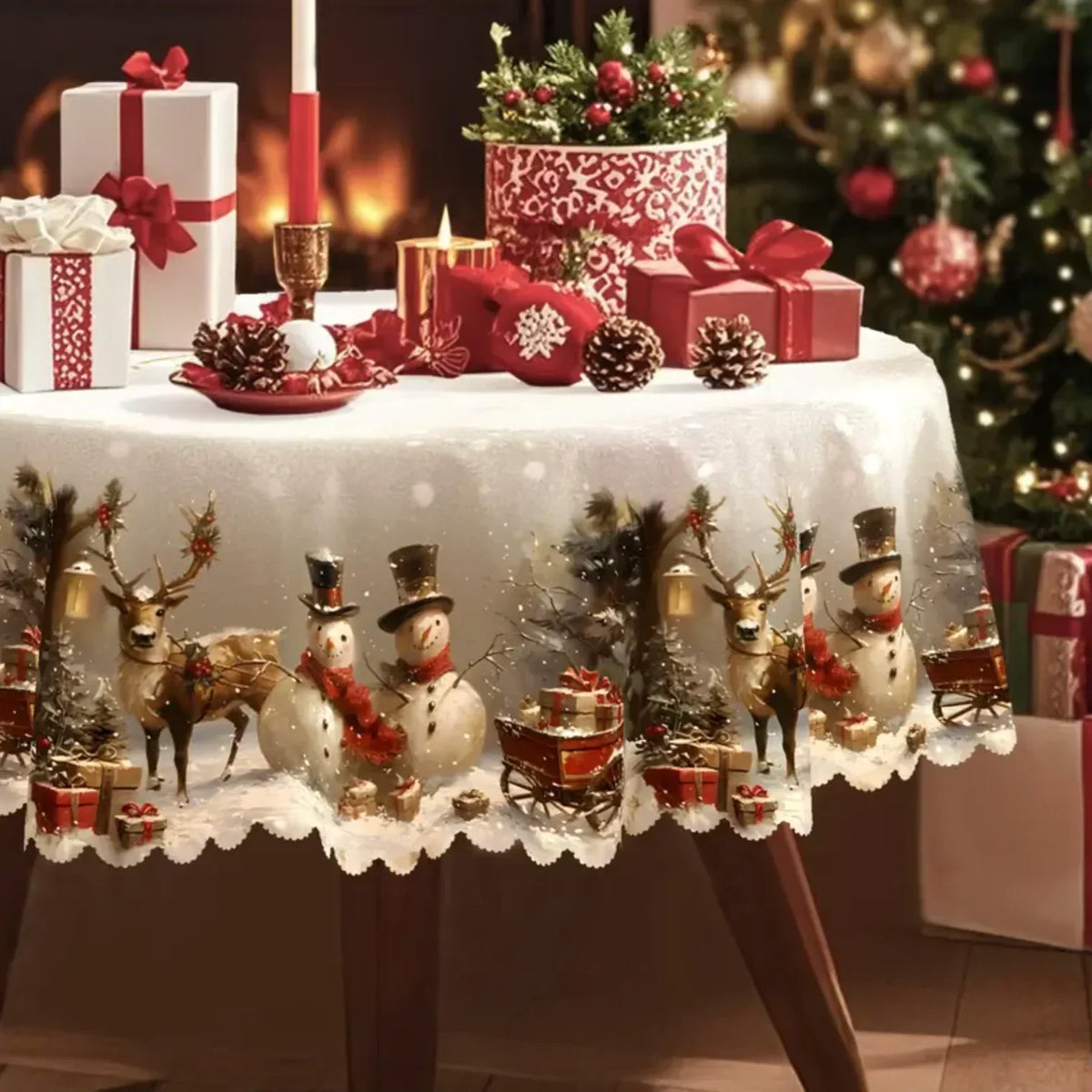 Rektangulær juledug med snemand- og rensdyrprint samt bølget blondekant