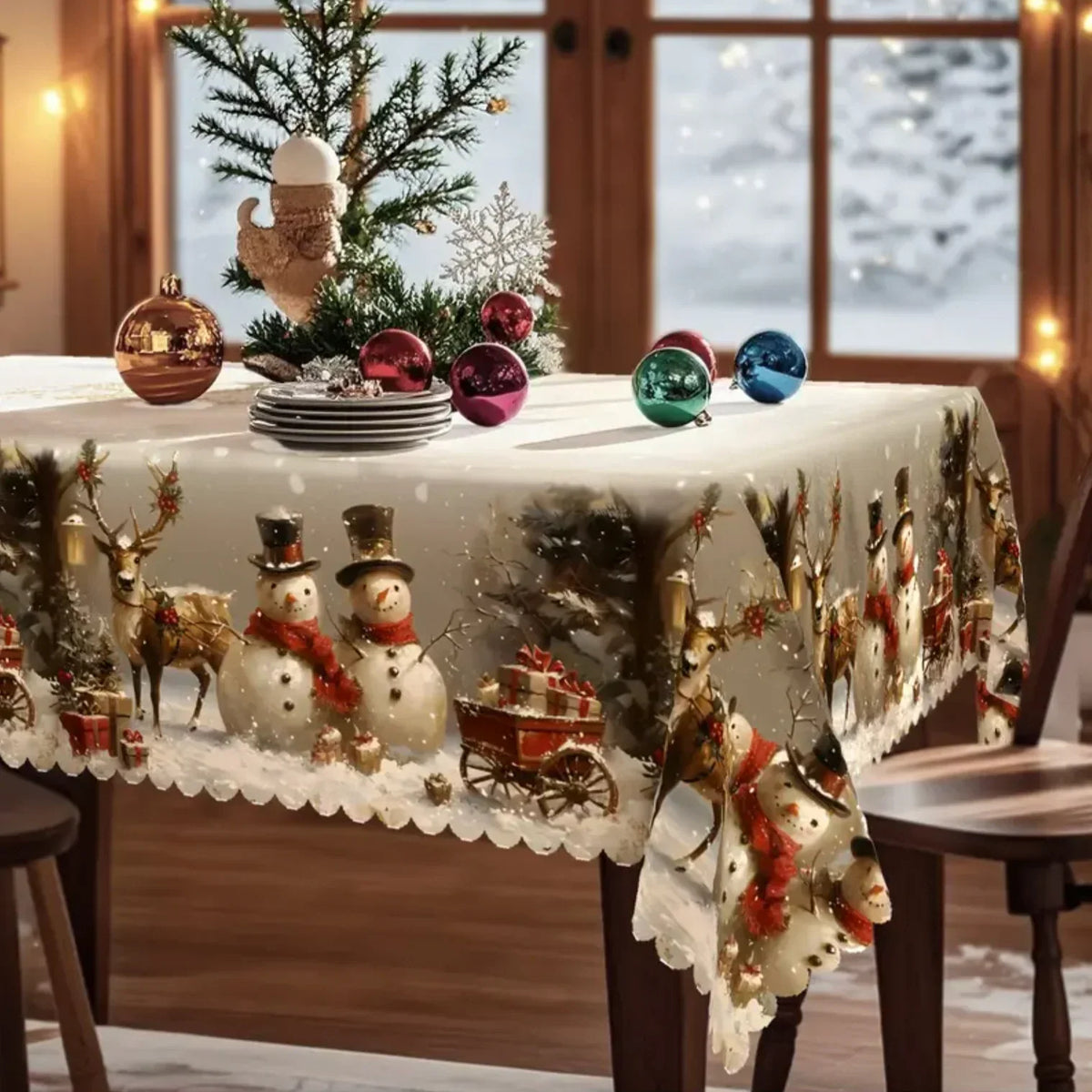 Rektangulær juledug med snemand- og rensdyrprint samt bølget blondekant