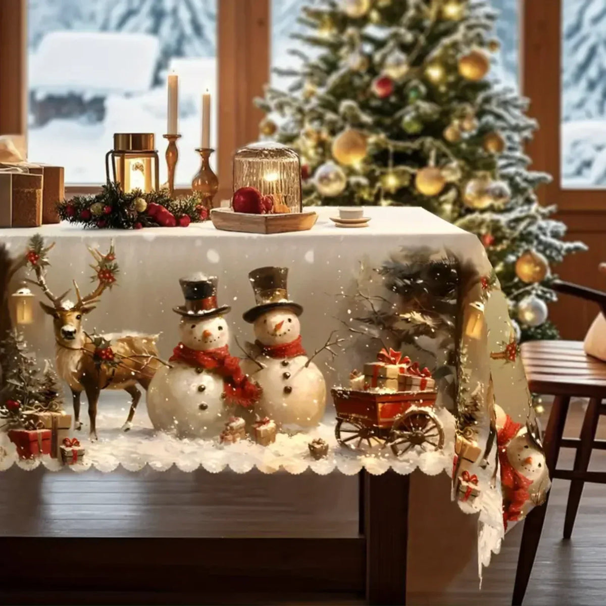 Rektangulær juledug med snemand- og rensdyrprint samt bølget blondekant