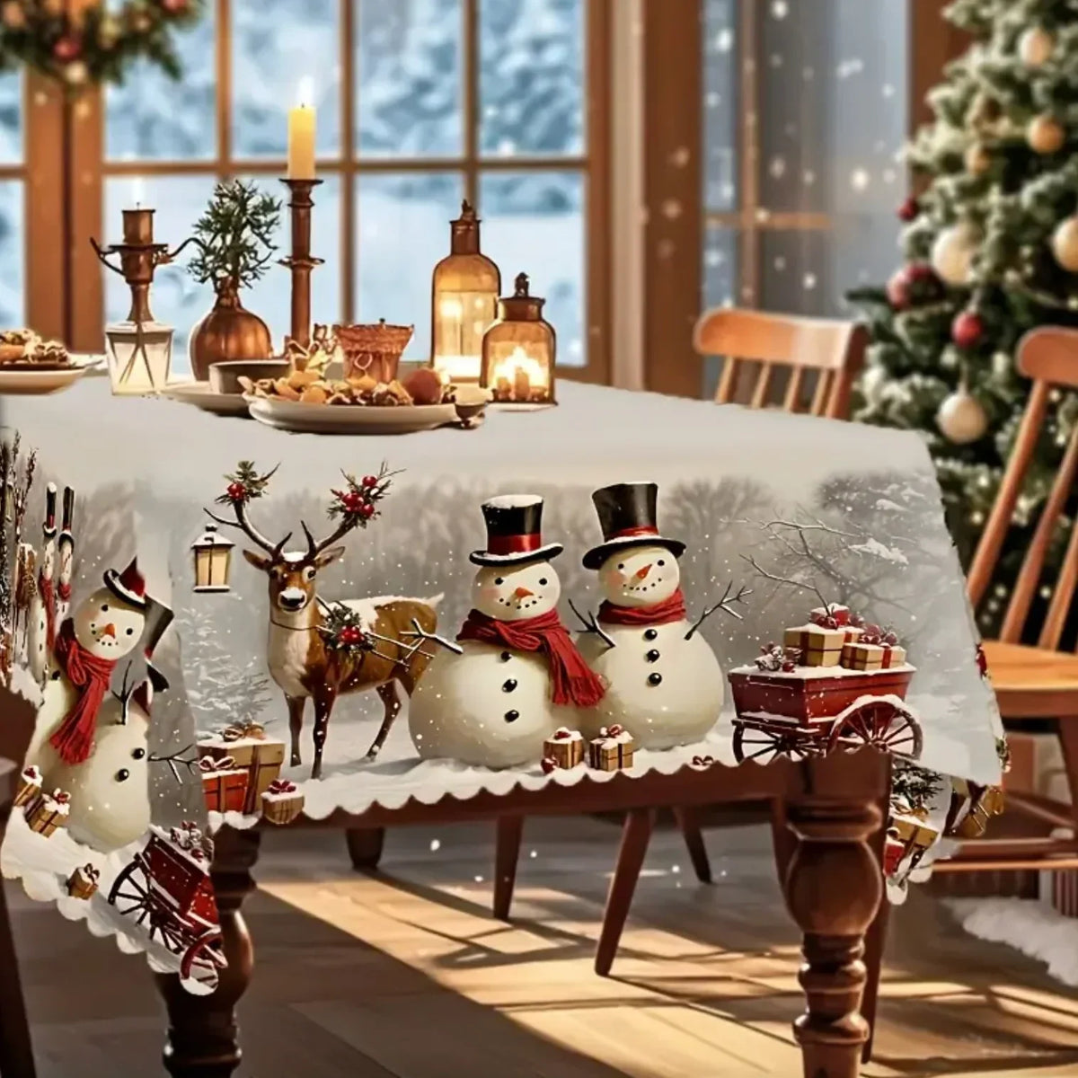 Rektangulær juledug med snemand- og rensdyrprint samt bølget blondekant