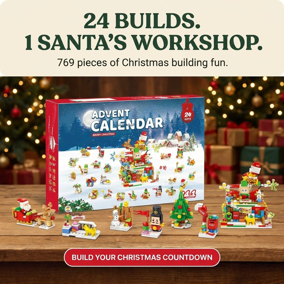 24-in-1 Santa's Workshop Advent Calendar, 769-Piece Brick Set