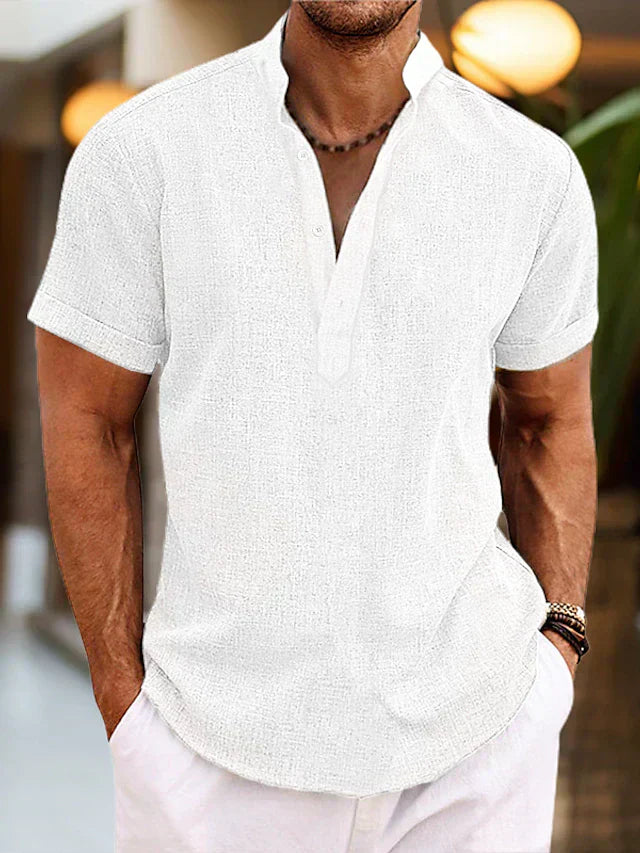 Silas men's linen shirt - Breathable summer shirt with henley collar and short sleeves