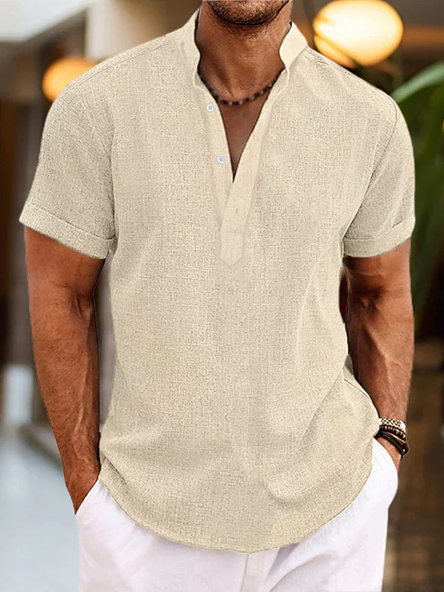 Silas men's linen shirt - Breathable summer shirt with henley collar and short sleeves