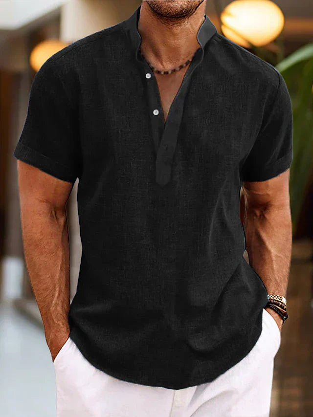 Silas men's linen shirt - Breathable summer shirt with henley collar and short sleeves