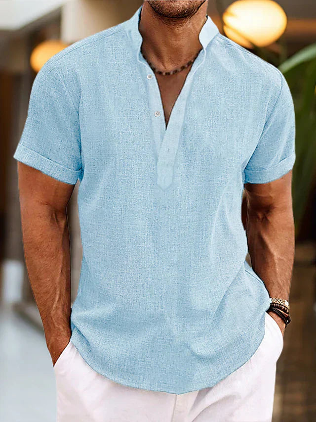 Silas men's linen shirt - Breathable summer shirt with henley collar and short sleeves