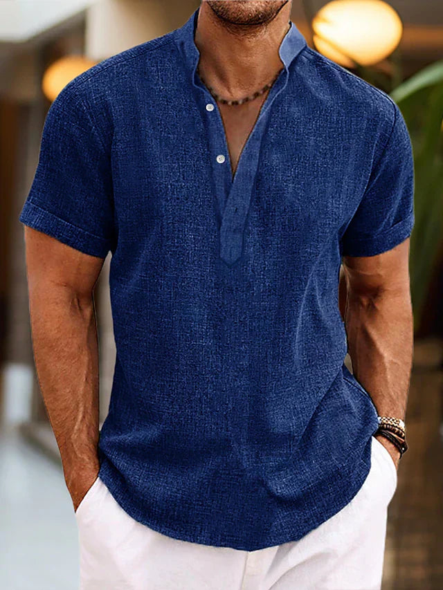 Silas men's linen shirt - Breathable summer shirt with henley collar and short sleeves