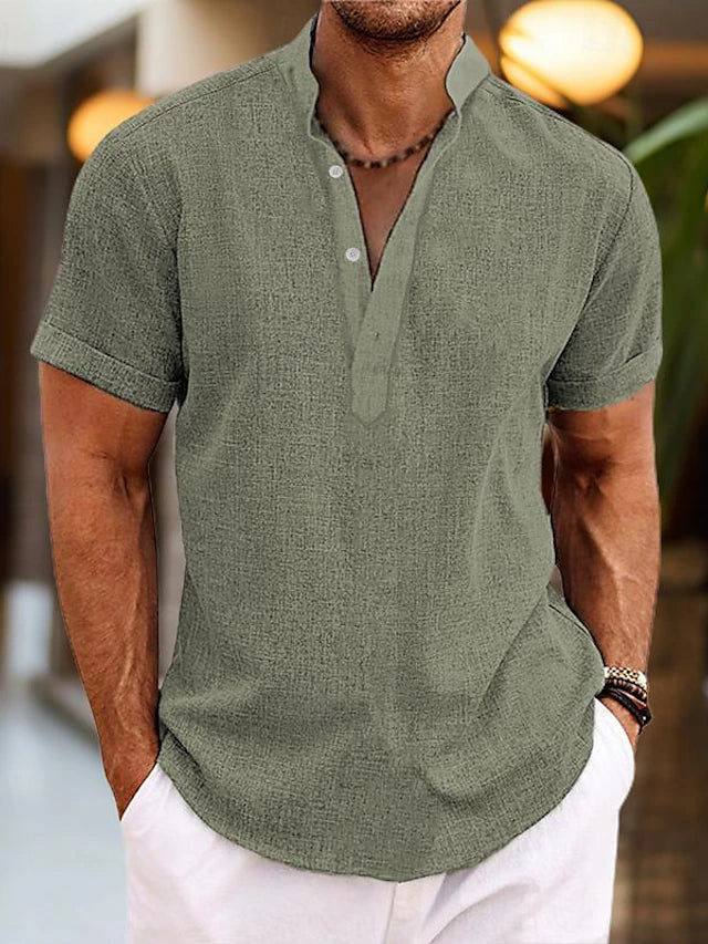 Silas men's linen shirt - Breathable summer shirt with henley collar and short sleeves