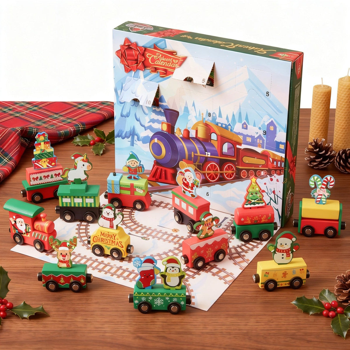 Vláčikový adventný kalendár s 12 magneticky spájanými autíčkami poháňanými trením