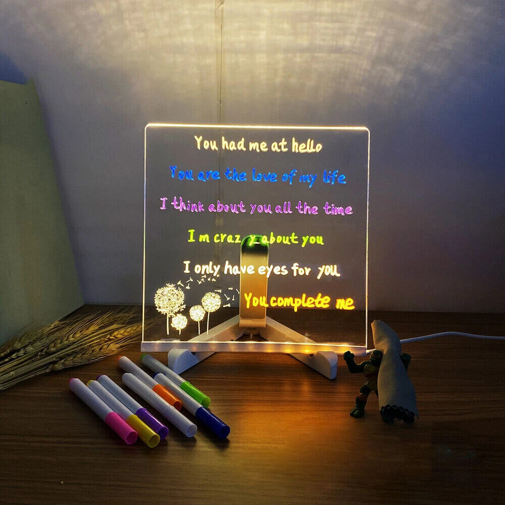Transparent Luminous Acrylic Writing Board with 7 Color Pens – Reusable Message Board with LED Lighting