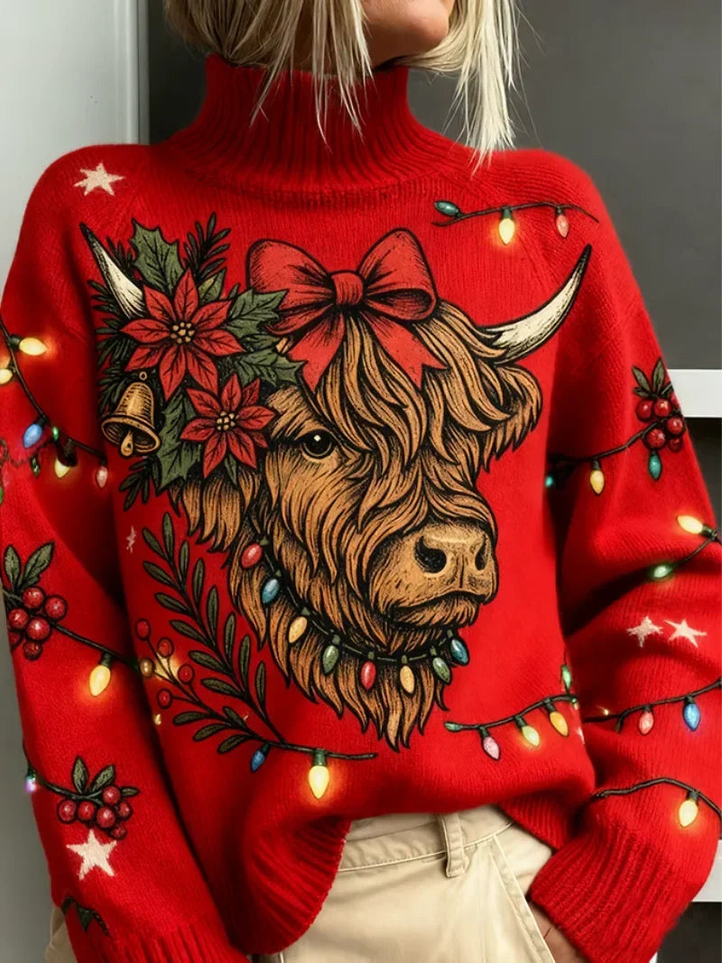 Julesweater med rullekrave og ko-print