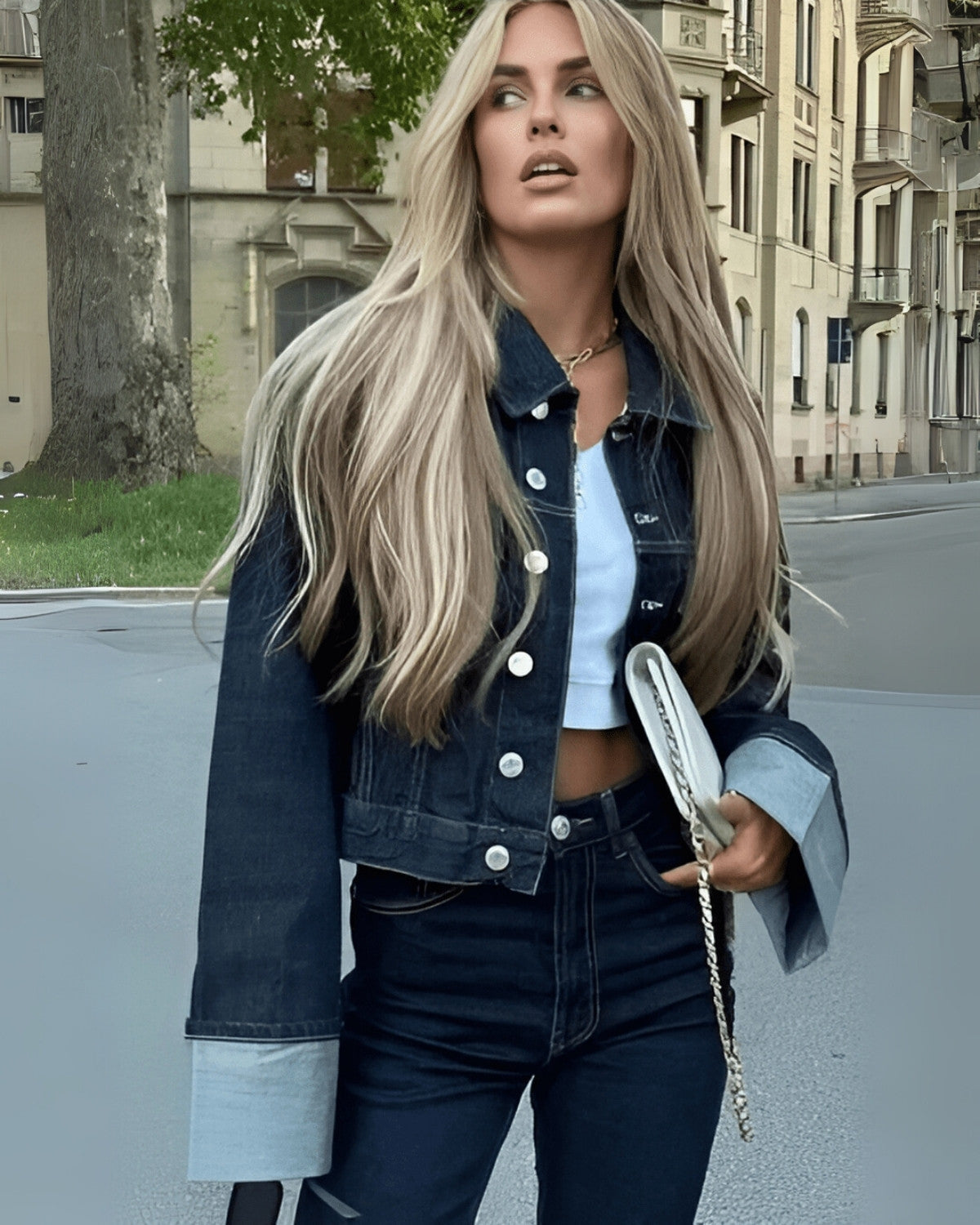 Two-piece denim set with denim jacket and long trousers - Ladies