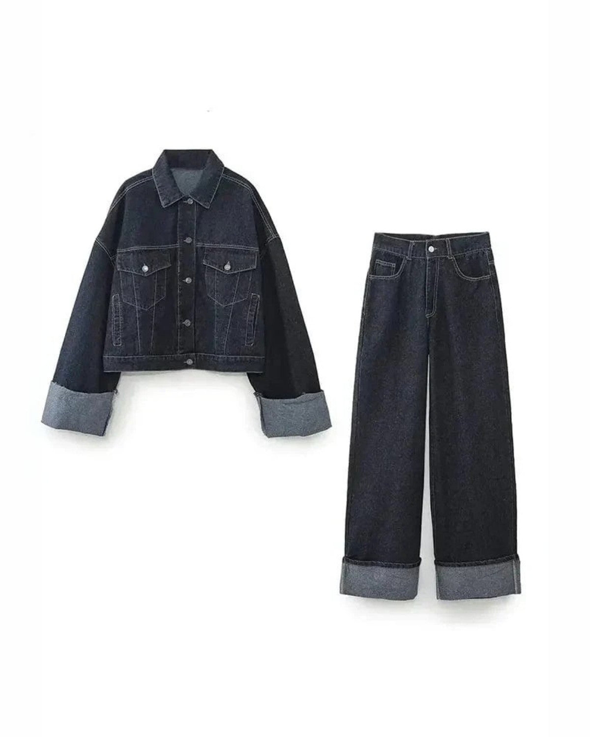 Two-piece denim set with denim jacket and long trousers - Ladies