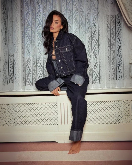 Two-piece denim set with denim jacket and long trousers - Ladies