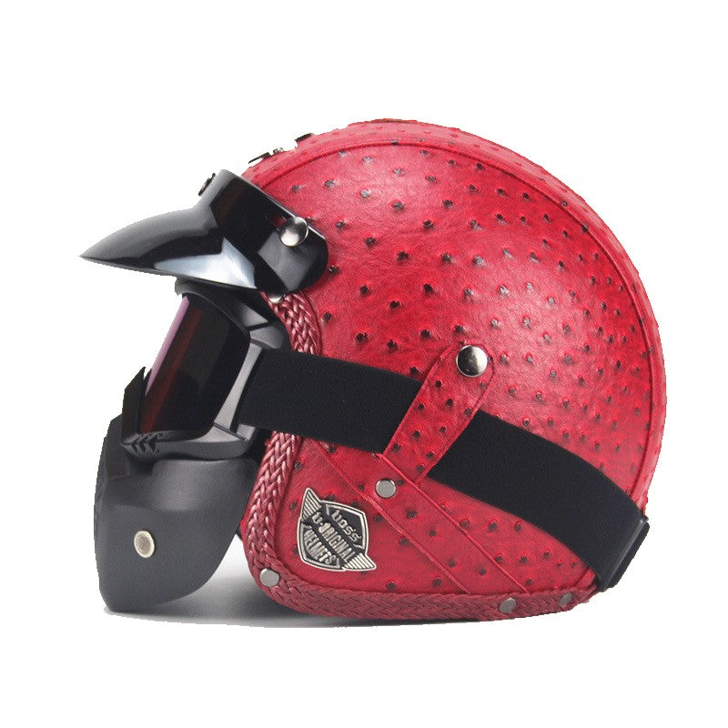 Vintage PU Leather Motorcycle Helmet with Face Mask Goggles
