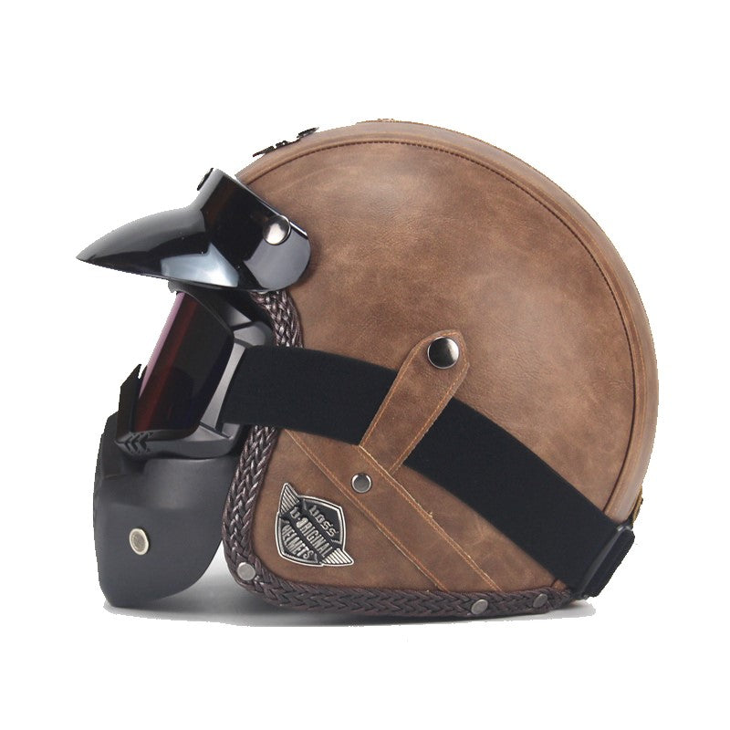 Vintage PU Leather Motorcycle Helmet with Face Mask Goggles