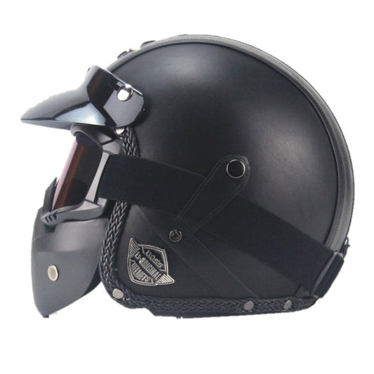 Vintage PU Leather Motorcycle Helmet with Face Mask Goggles