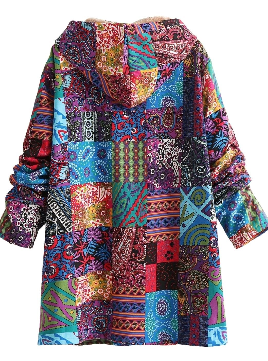Bohojakke til kvinder med patchworkprint, fleecefor og hætte