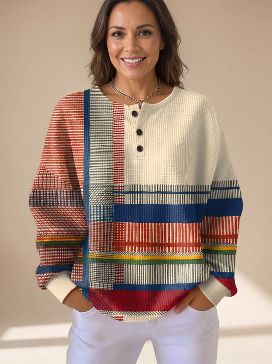Farveblokket Henley-sweater til kvinder i vaffelstrik med lange ærmer