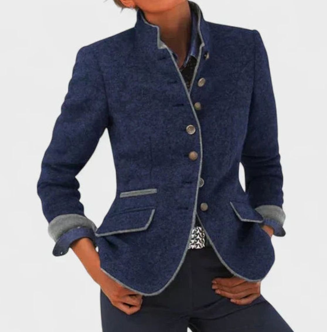 Dames elegant blazer-cardigan med ståkrave og knaplukning