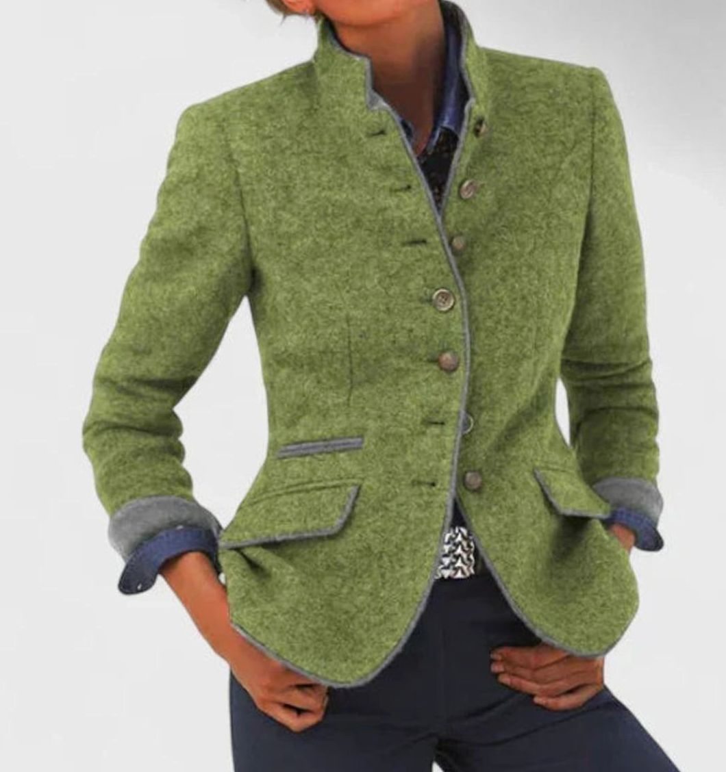 Dames elegant blazer-cardigan med ståkrave og knaplukning
