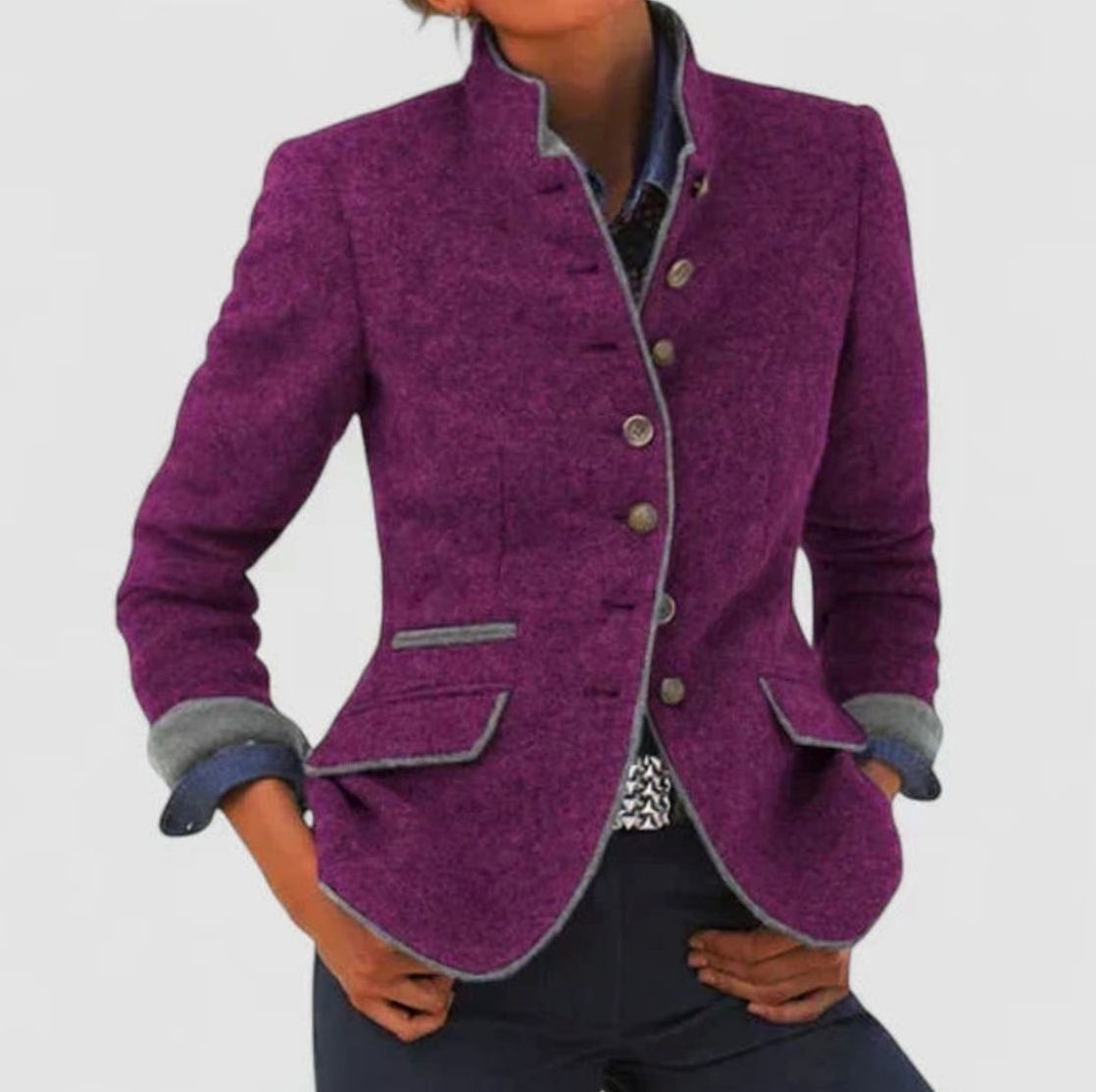 Dames elegant blazer-cardigan med ståkrave og knaplukning