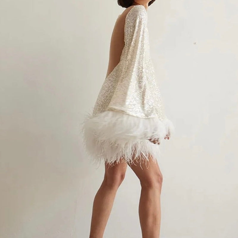 Women's Fitted Sequin Mini Dress with Feather Hem