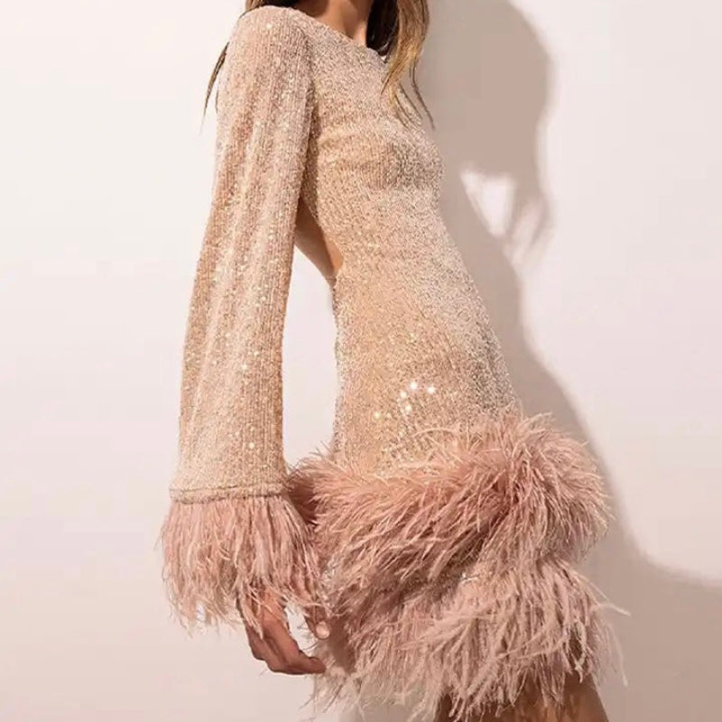 Women's Fitted Sequin Mini Dress with Feather Hem