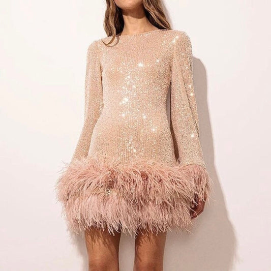Women's Fitted Sequin Mini Dress with Feather Hem