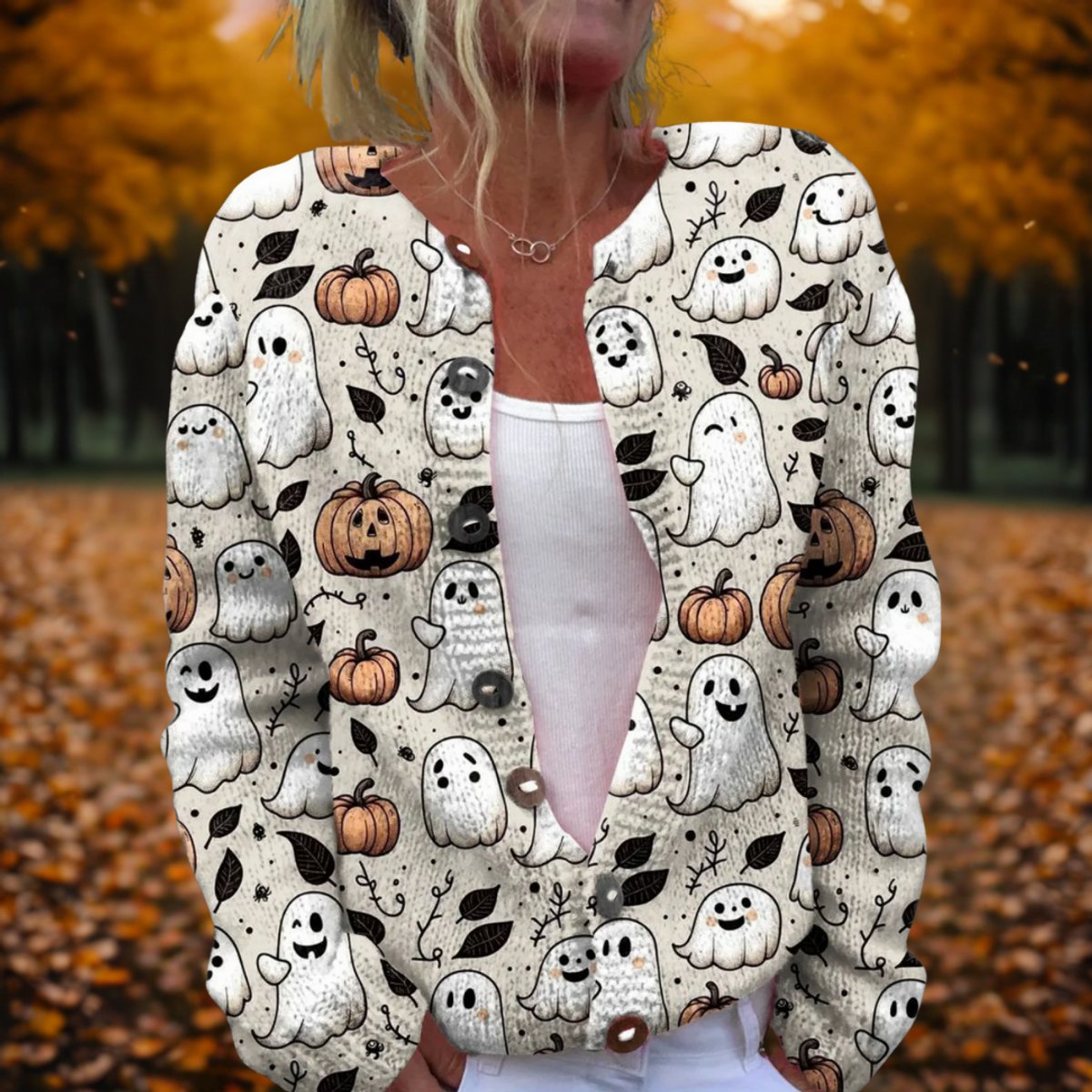 Dámský pletený kardigan s halloweenskými duchy a dýněmi, vpředu otevřený