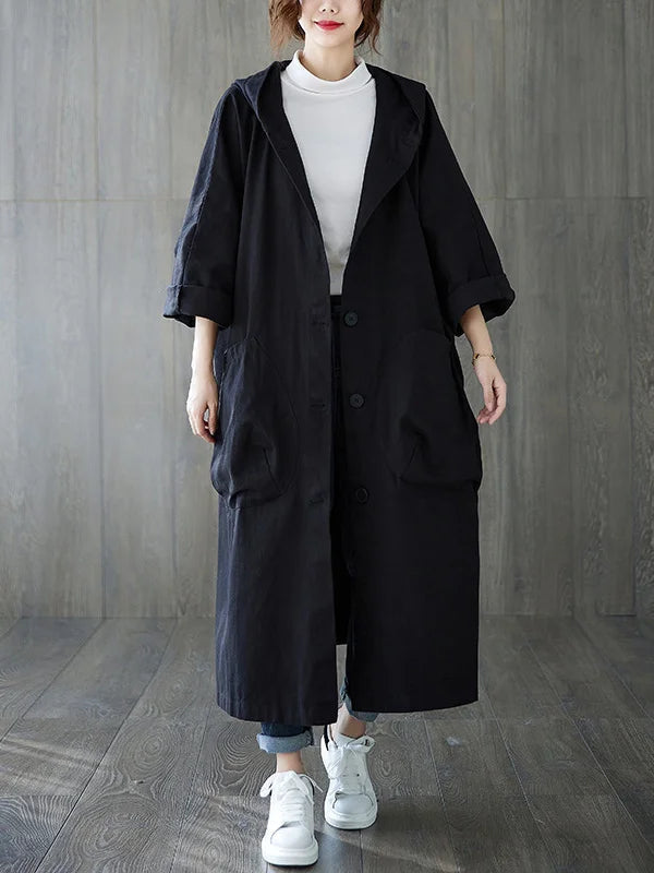 Lang trenchcoat til kvinder med hætte - elegant regnjakke med flot snit