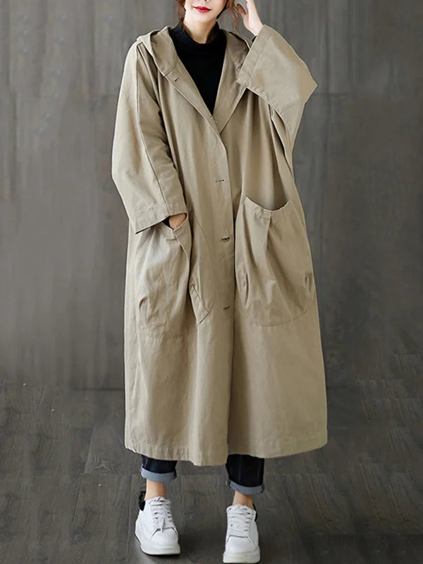Lang trenchcoat til kvinder med hætte - elegant regnjakke med flot snit