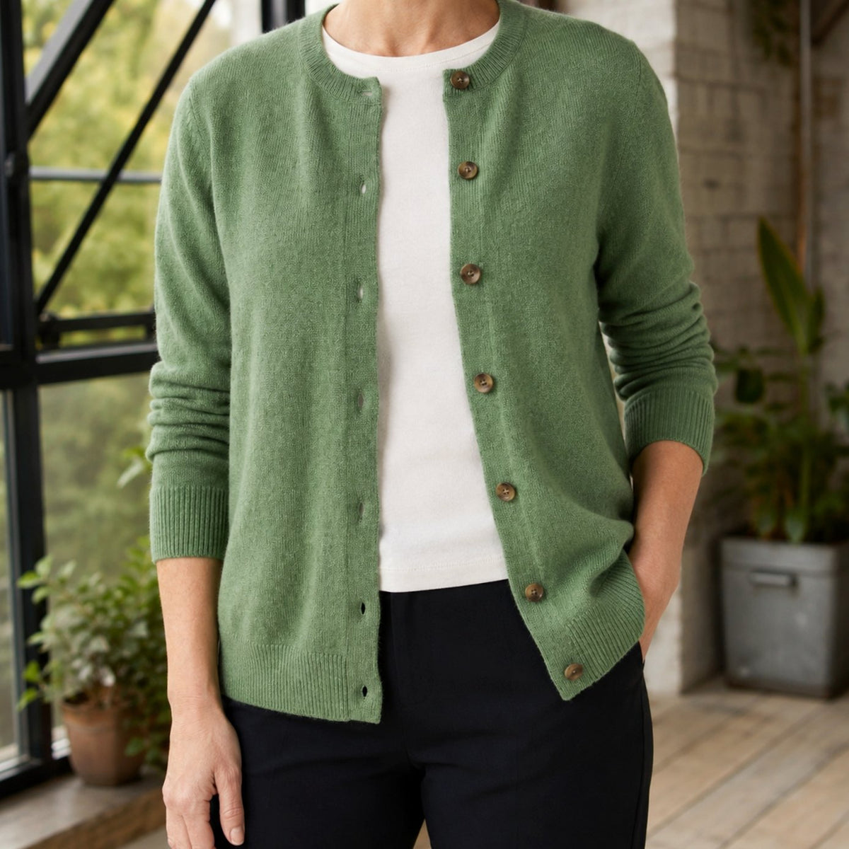Strikket cardigan med rund hals og knapper til kvinder