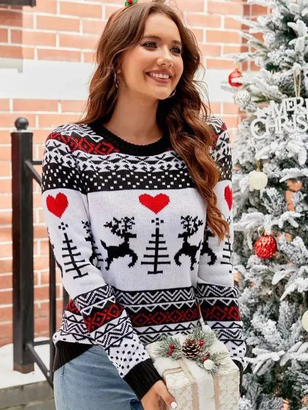 Strikket sweater til kvinder med dyremønster - rund hals, vinterstil