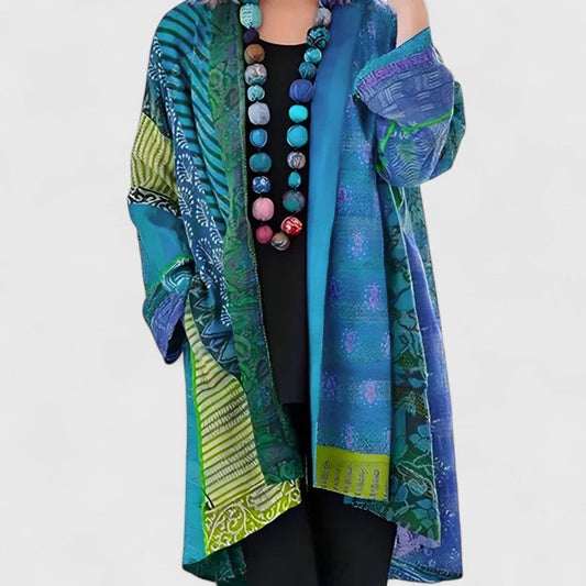 Lang cardigan til kvinder med åben front og patchworkprint