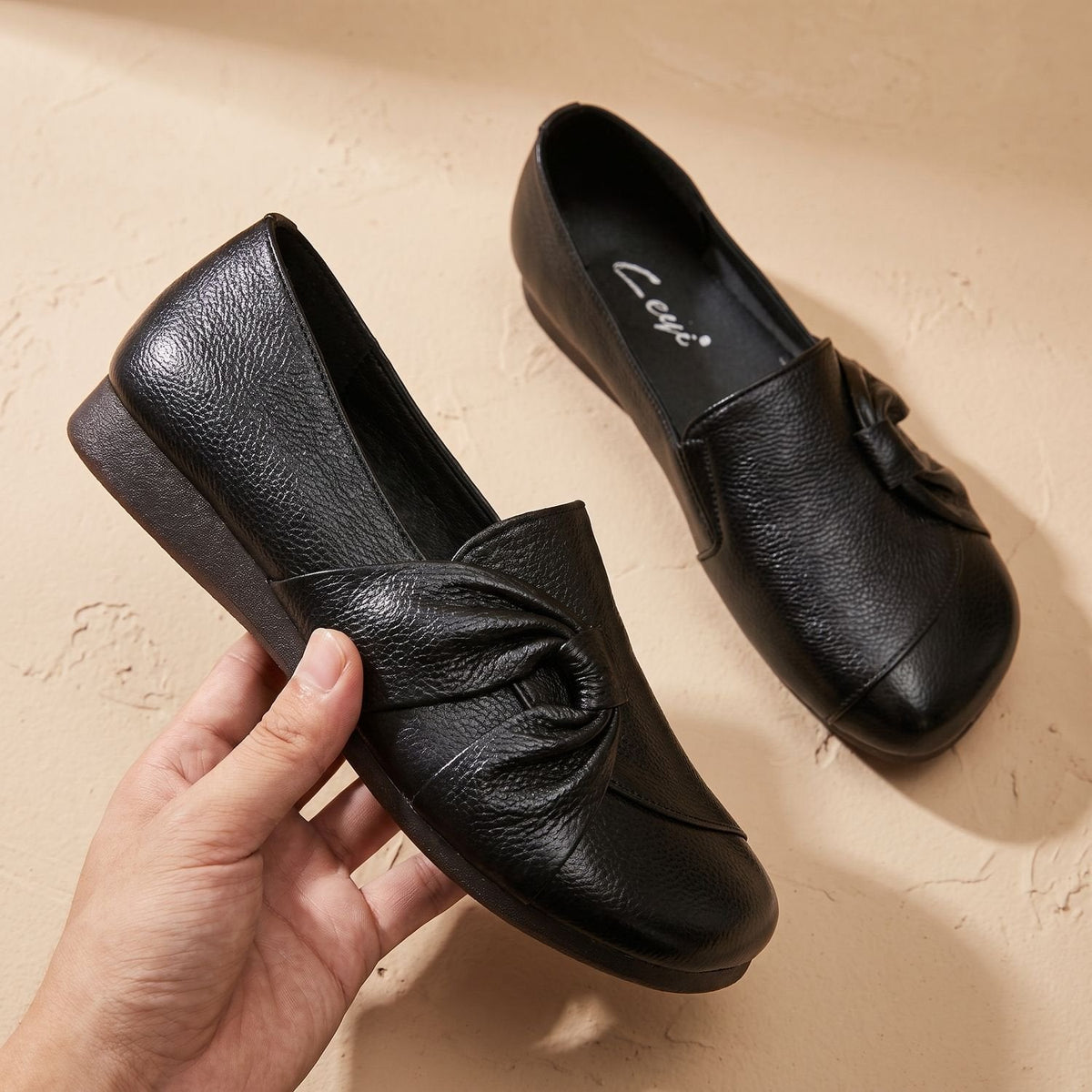 Ortopædiske slip-on-ballerinaer i læder til kvinder med sløjfedetalje