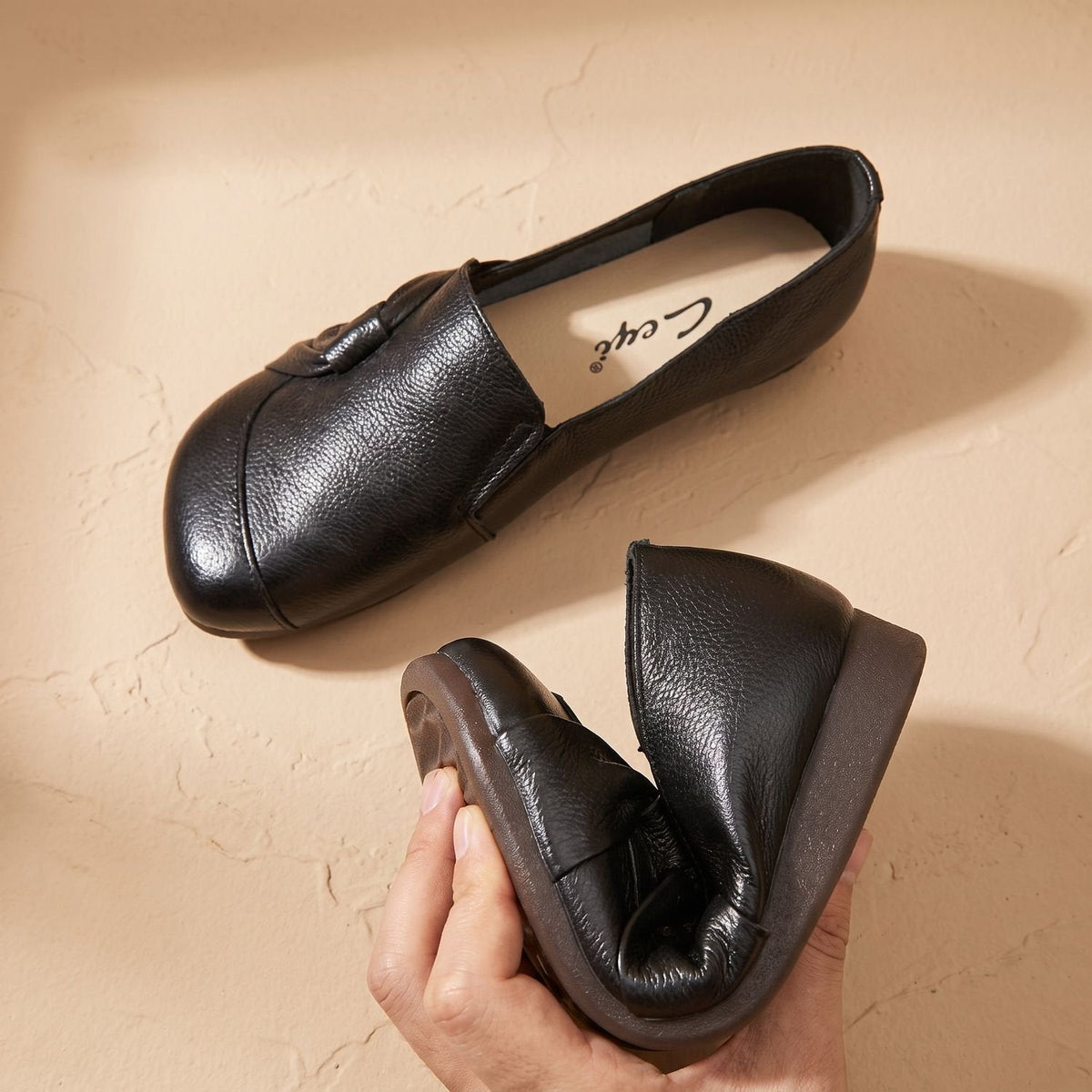 Ortopædiske slip-on-ballerinaer i læder til kvinder med sløjfedetalje