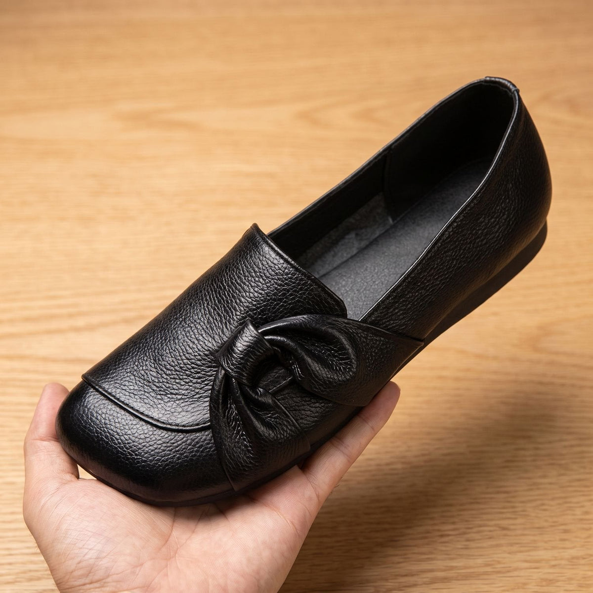 Ortopædiske slip-on-ballerinaer i læder til kvinder med sløjfedetalje