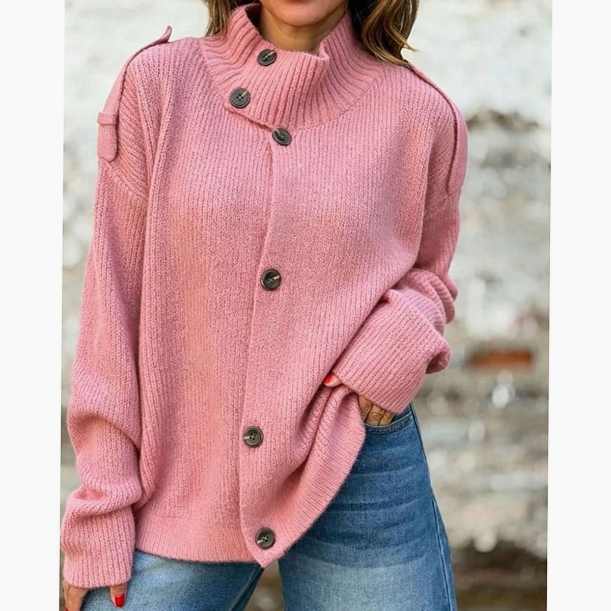 Oversized strikket cardigan til kvinder med knapper foran og opretstående krave