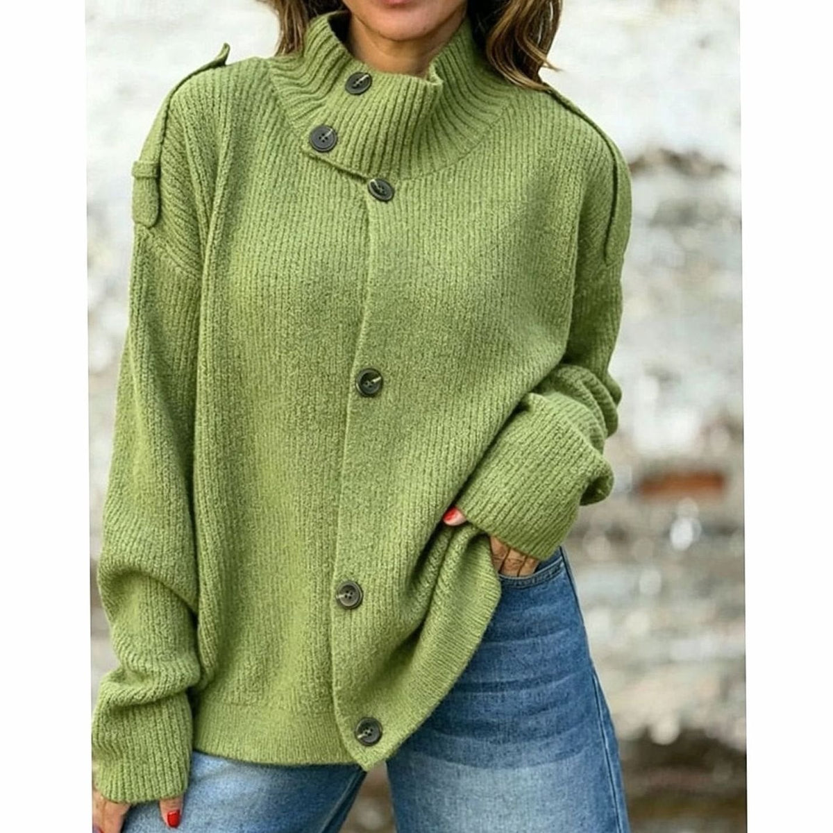 Oversized strikket cardigan til kvinder med knapper foran og opretstående krave