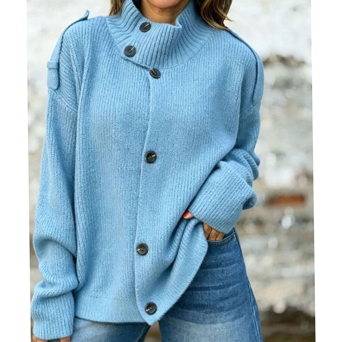 Oversized strikket cardigan til kvinder med knapper foran og opretstående krave