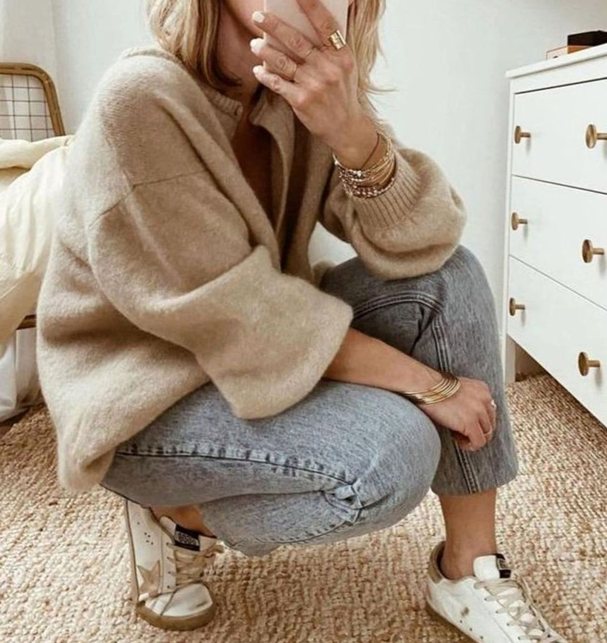 Γυναικεία oversized πλεκτή ζακέτα με κουμπιά μπροστά και ριμπ μανσέτες