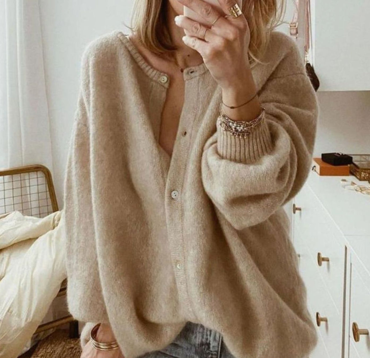 Γυναικεία oversized πλεκτή ζακέτα με κουμπιά μπροστά και ριμπ μανσέτες