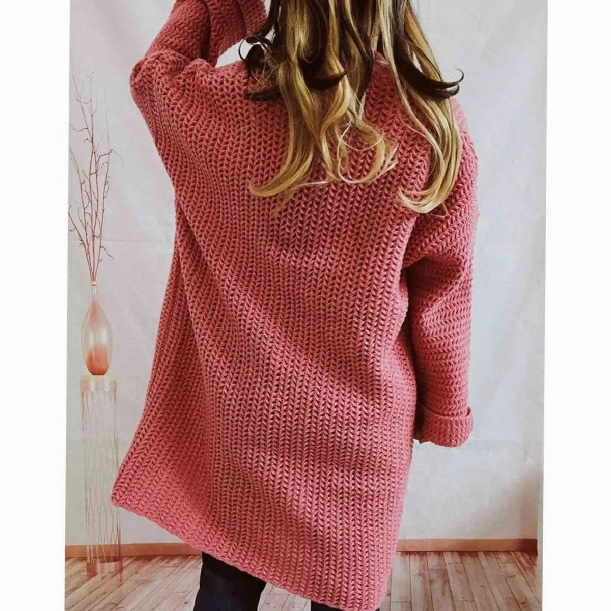 Dámský oversize dlouhý kardigan z hrubého úpletu bez zapínání s kapsami