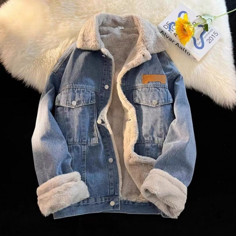Dámska oversized rifľová bunda s podšívkou z materiálu teddy