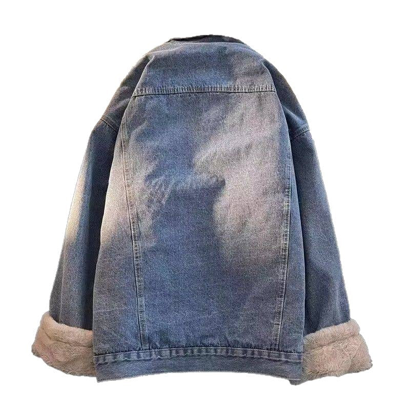 Dámska oversized rifľová bunda s podšívkou z materiálu teddy