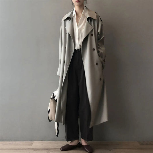 Γυναικεία oversized μακριά καμπαρντίνα με διπλό κούμπωμα και υδροαπωθητική προστασία