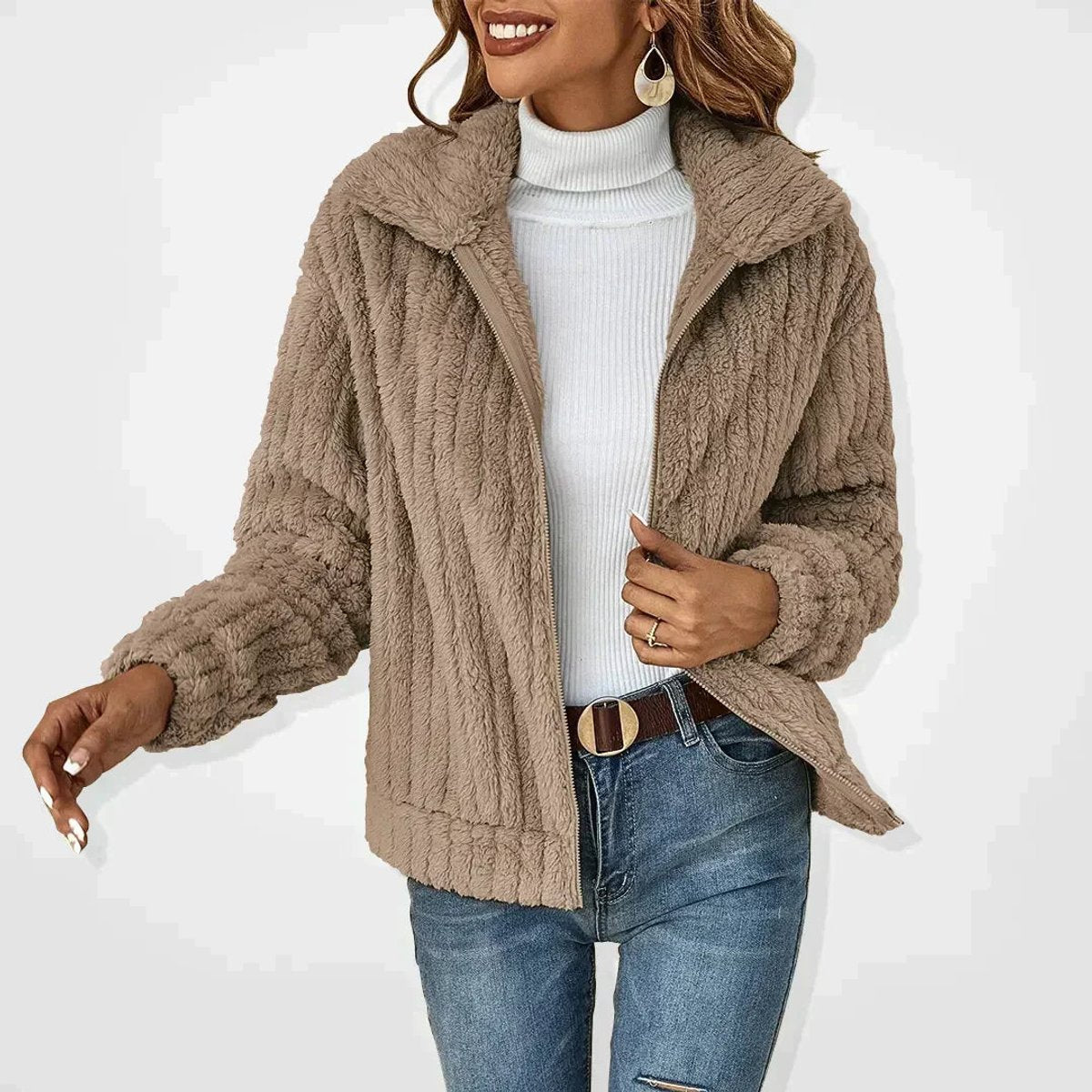 Γυναικεία oversized αφράτη ζακέτα sherpa με φερμουάρ