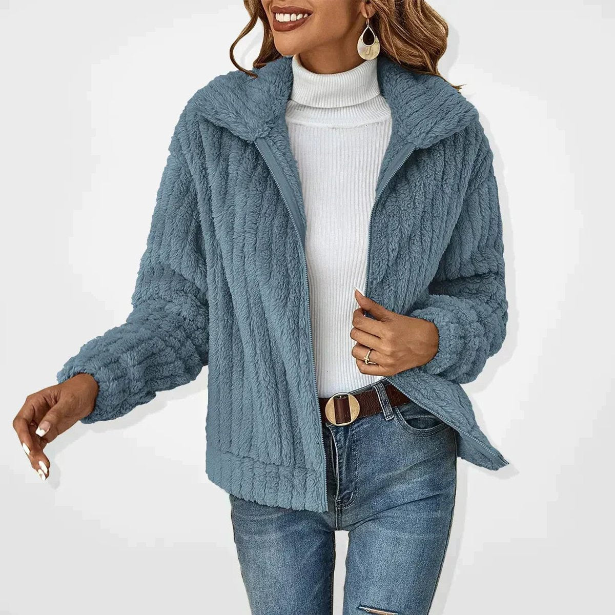 Γυναικεία oversized αφράτη ζακέτα sherpa με φερμουάρ