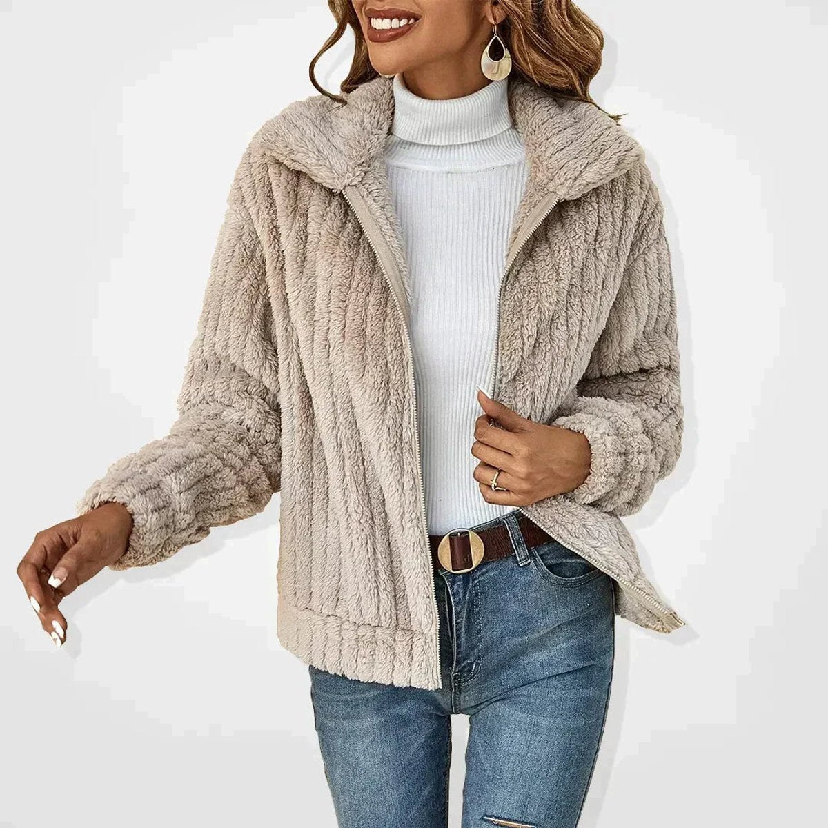 Γυναικεία oversized αφράτη ζακέτα sherpa με φερμουάρ