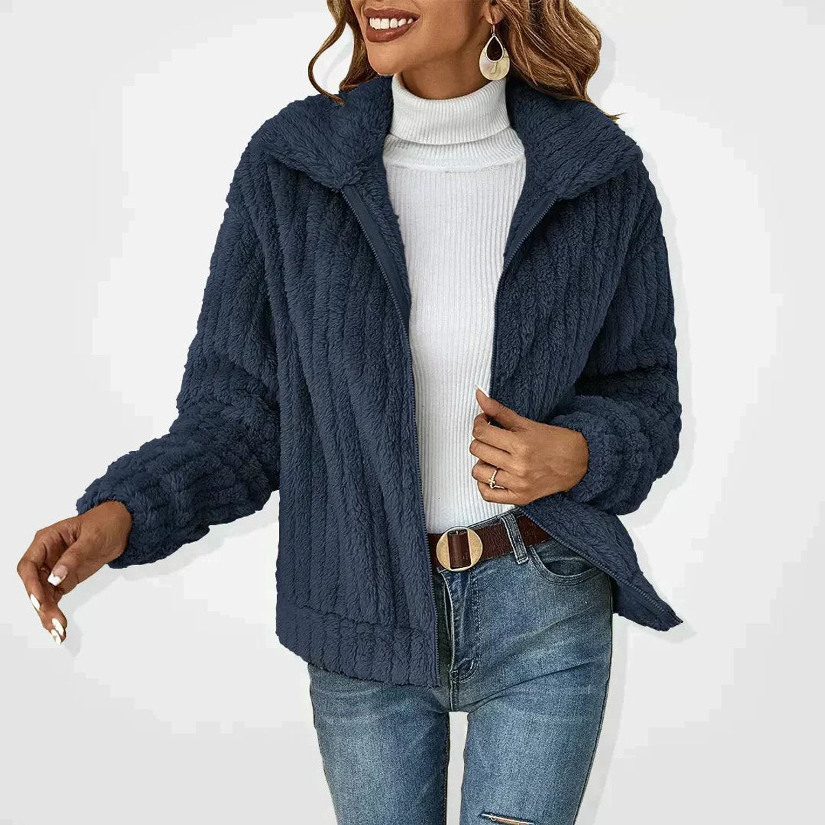 Γυναικεία oversized αφράτη ζακέτα sherpa με φερμουάρ